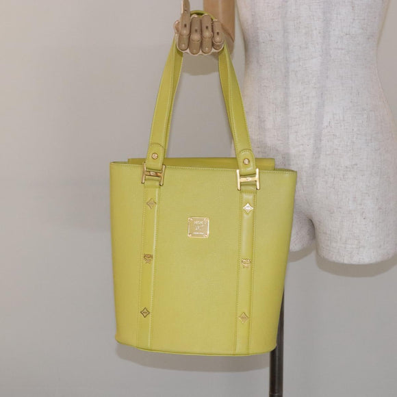 MCM Studs Tote Bag Leather Gold Lime yellow Auth 133982
