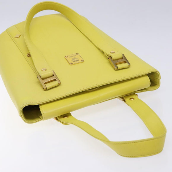 MCM Studs Tote Bag Leather Gold Lime yellow Auth 133982