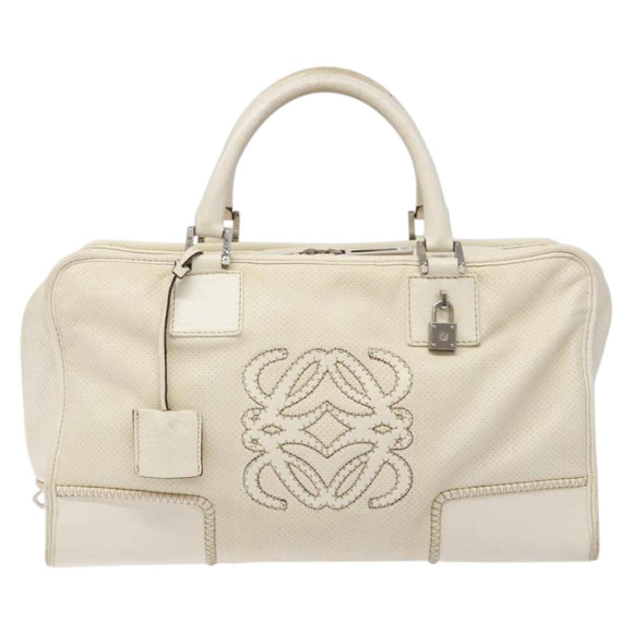 LOEWE Anagram Amazona 36 Hand Bag Leather White Silver Auth 134180