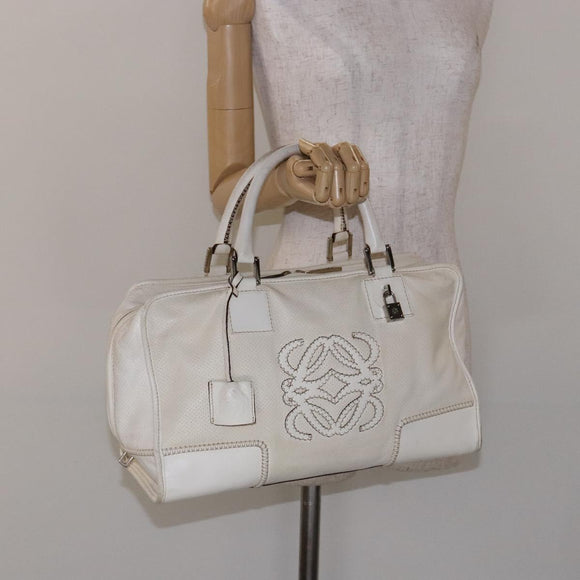 LOEWE Anagram Amazona 36 Hand Bag Leather White Silver Auth 134180