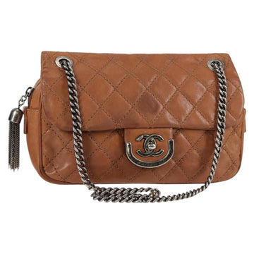 CHANEL Matelasse Chain Shoulder Bag Leather Brown Silver CC Auth 134215