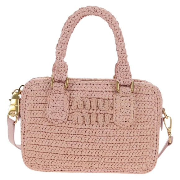 Miu Miu Arkady Hand Bag Raffia 2way Pink Gold 5BB123 Auth 134338AM