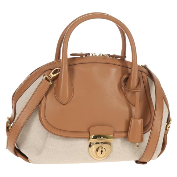 Salvatore Ferragamo Hand Bag Canvas Leather 3way Beige Gold Auth 134343V