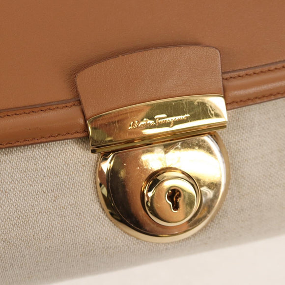 Salvatore Ferragamo Hand Bag Canvas Leather 3way Beige Gold Auth 134343V