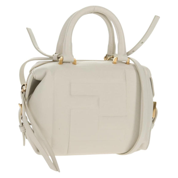 FENDI Hand Bag Leather 2way White Gold Auth 134353AM