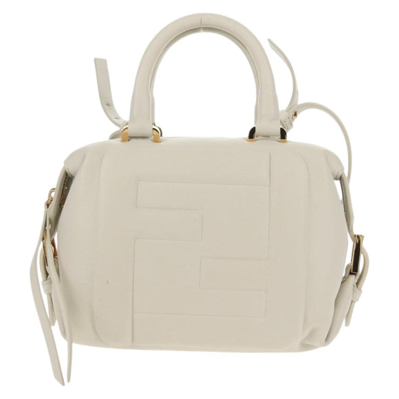 FENDI Hand Bag Leather 2way White Gold Auth 134353AM