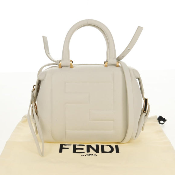 FENDI Hand Bag Leather 2way White Gold Auth 134353AM