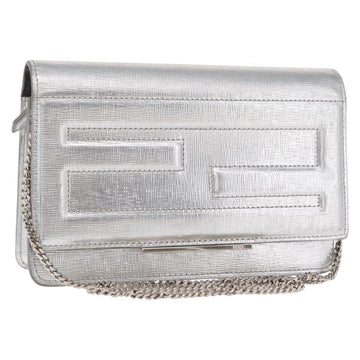 FENDI Chain Shoulder Bag Leather Silver Auth 134354V