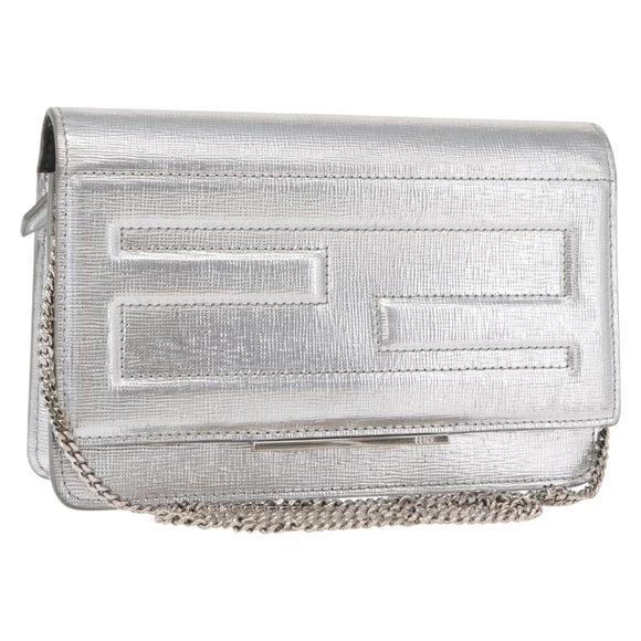 FENDI Chain Shoulder Bag Leather Silver Auth 134354V