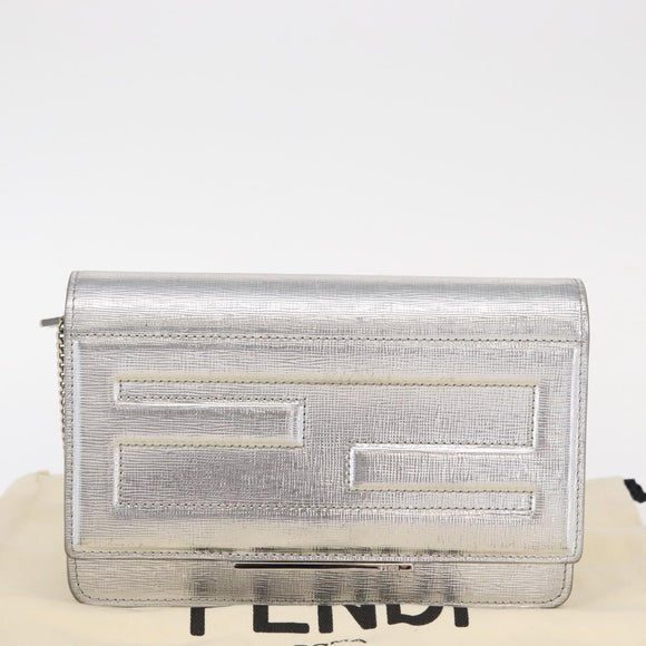 FENDI Chain Shoulder Bag Leather Silver Auth 134354V