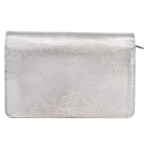 FENDI Chain Shoulder Bag Leather Silver Auth 134354V