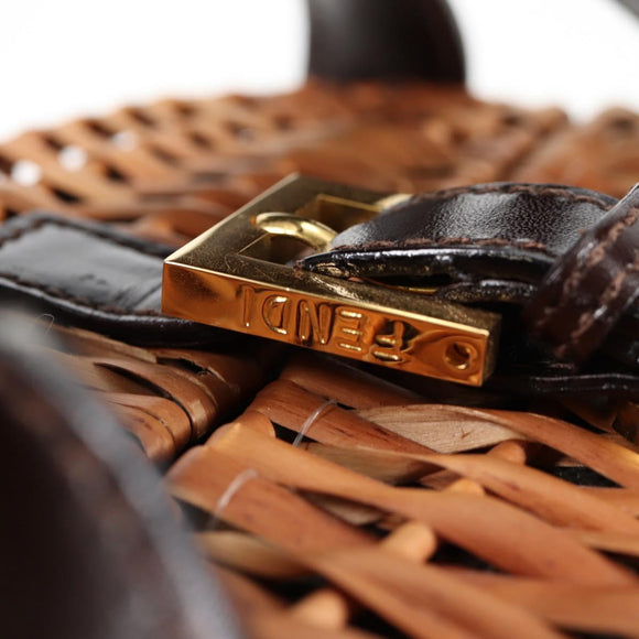 FENDI Straw Bag Hand Bag Raffia Brown Gold Auth 134439V