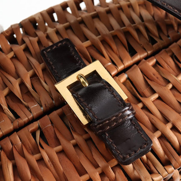 FENDI Straw Bag Hand Bag Raffia Brown Gold Auth 134439V