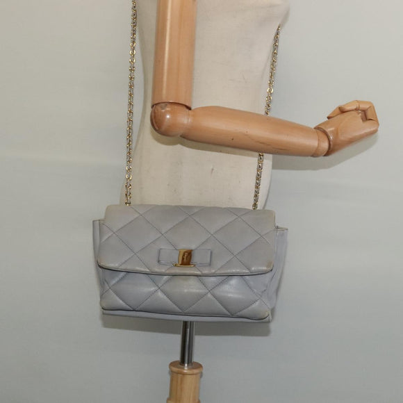 Salvatore Ferragamo Chain Vala Shoulder Bag Leather Gray Gold Auth 134452