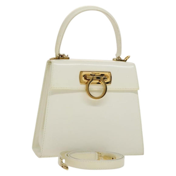 Salvatore Ferragamo Gancini Hand Bag Leather 2way White Gold Auth 134575