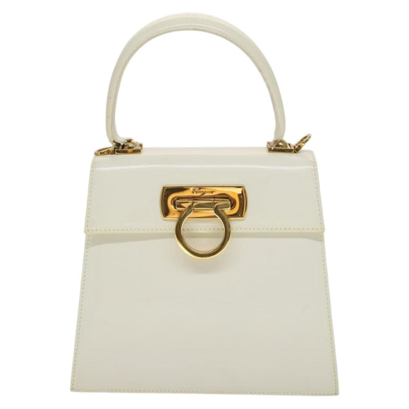 Salvatore Ferragamo Gancini Hand Bag Leather 2way White Gold Auth 134575