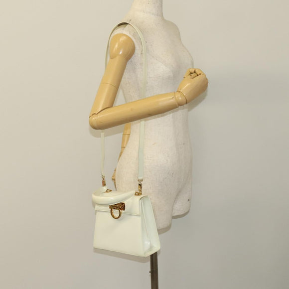 Salvatore Ferragamo Gancini Hand Bag Leather 2way White Gold Auth 134575