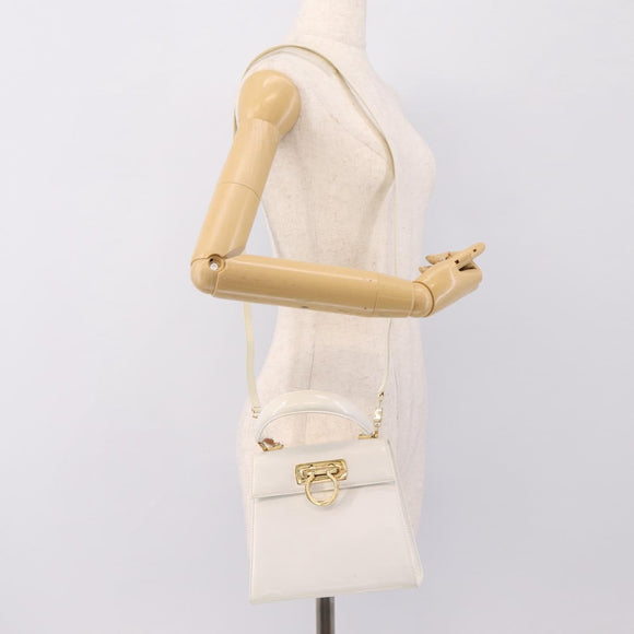 Salvatore Ferragamo Gancini Hand Bag Leather 2way White Gold Auth 134575