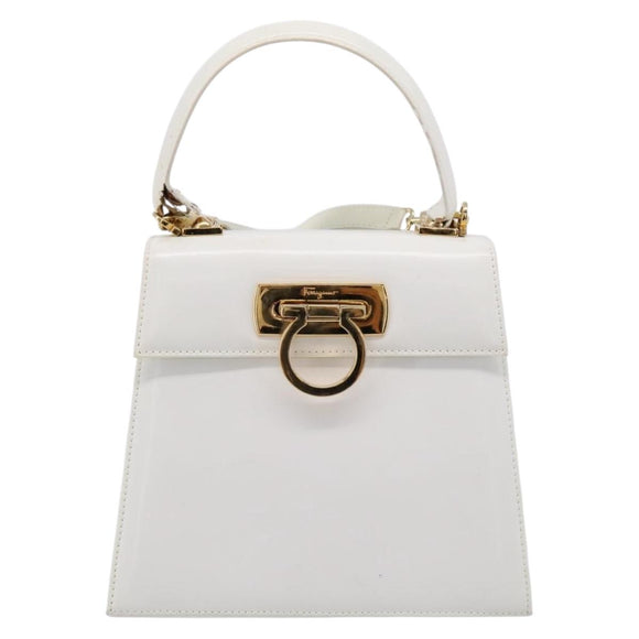 Salvatore Ferragamo Gancini Hand Bag Leather 2way White Gold Auth 134575
