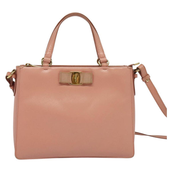 Salvatore Ferragamo Vala Hand Bag Leather 2way Pink Gold Auth 134642