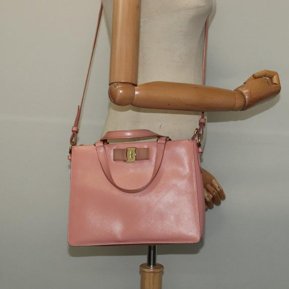 Salvatore Ferragamo Vala Hand Bag Leather 2way Pink Gold Auth 134642