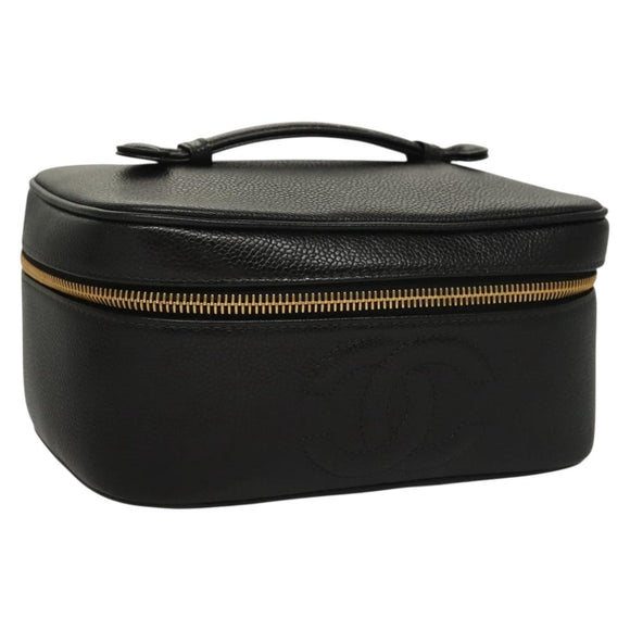 CHANEL COCO Mark Vanity Pouch Caviar Skin Black Gold CC Auth 134647
