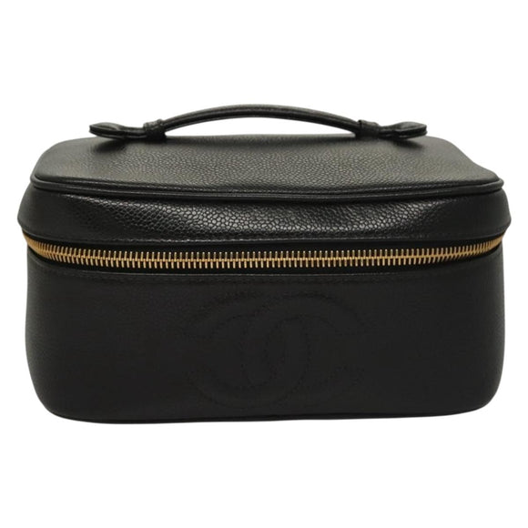 CHANEL COCO Mark Vanity Pouch Caviar Skin Black Gold CC Auth 134647