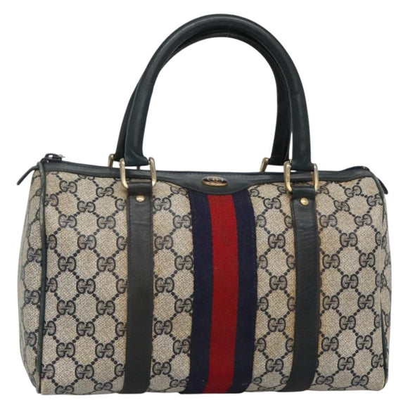 GUCCI GG Supreme Sherry Line Hand Bag PVC Navy Gold Red Auth 134690