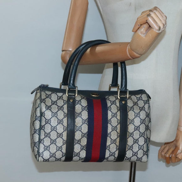 GUCCI GG Supreme Sherry Line Hand Bag PVC Navy Gold Red Auth 134690