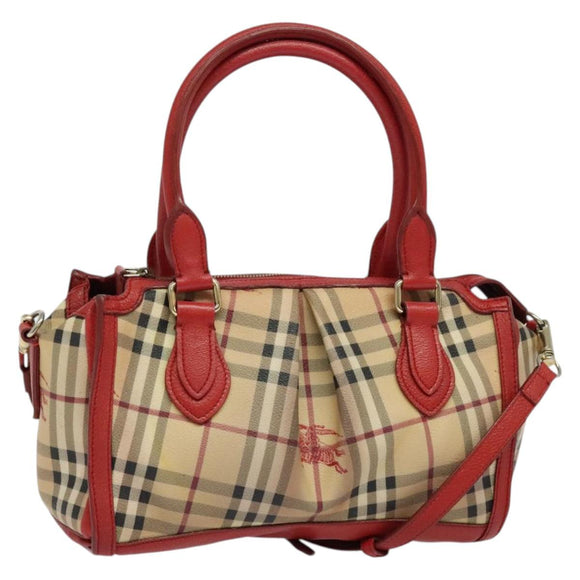 BURBERRY Nova Check Hand Bag PVC 2way Beige Silver Auth 134698