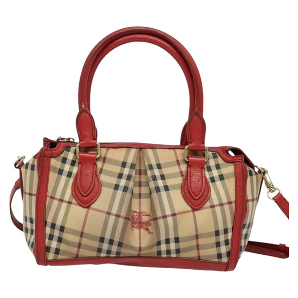 BURBERRY Nova Check Hand Bag PVC 2way Beige Silver Auth 134698