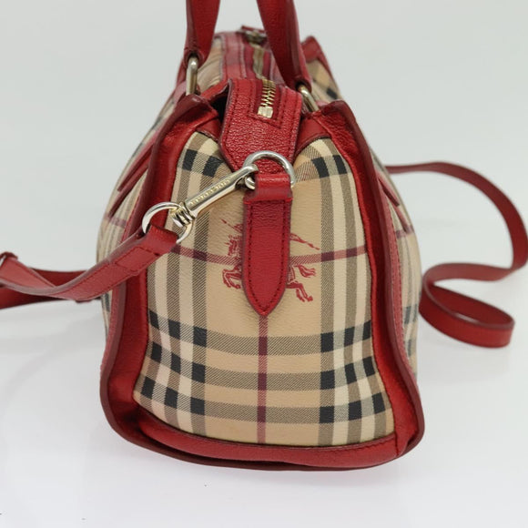 BURBERRY Nova Check Hand Bag PVC 2way Beige Silver Auth 134698