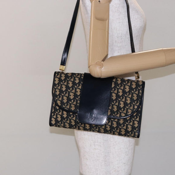 Christian Dior Trotter Canvas Shoulder Bag Navy Gold Auth 134731