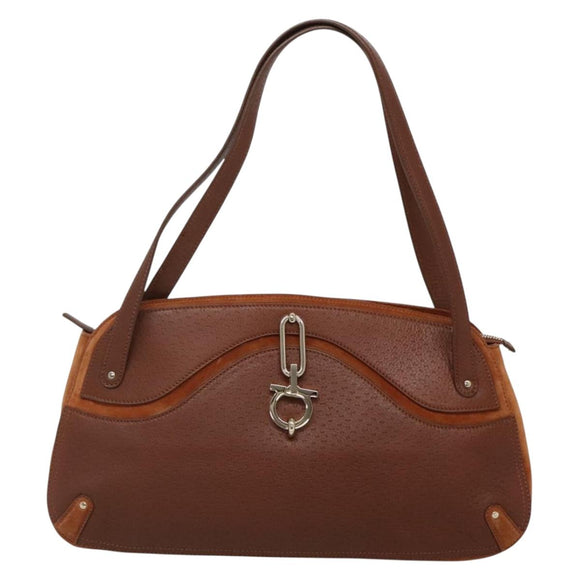 Salvatore Ferragamo Gancini Shoulder Bag Suede Brown Gold Auth 134733