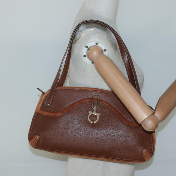 Salvatore Ferragamo Gancini Shoulder Bag Suede Brown Gold Auth 134733