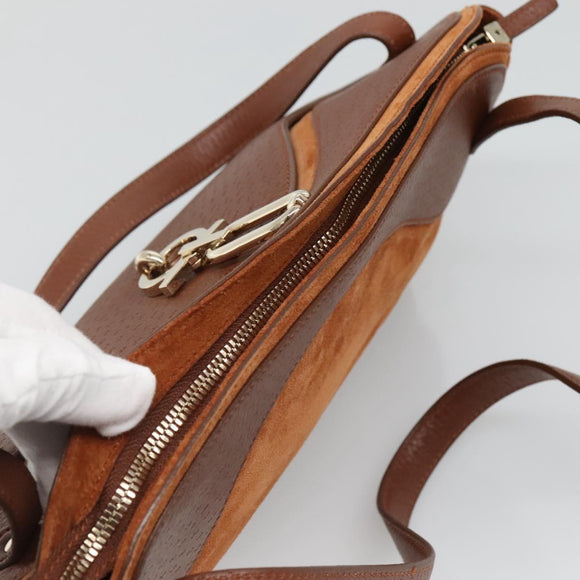 Salvatore Ferragamo Gancini Shoulder Bag Suede Brown Gold Auth 134733