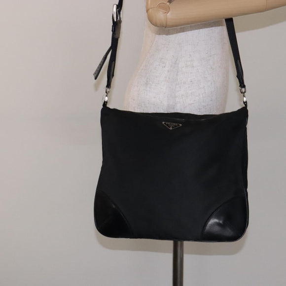 PRADA Shoulder Bag Nylon Leather Black Silver Auth 134740