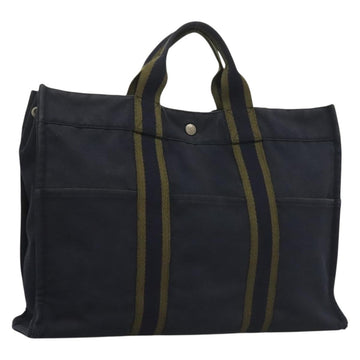 HERMES Fourre Tout GM Hand Bag Canvas Navy Silver Auth 134741