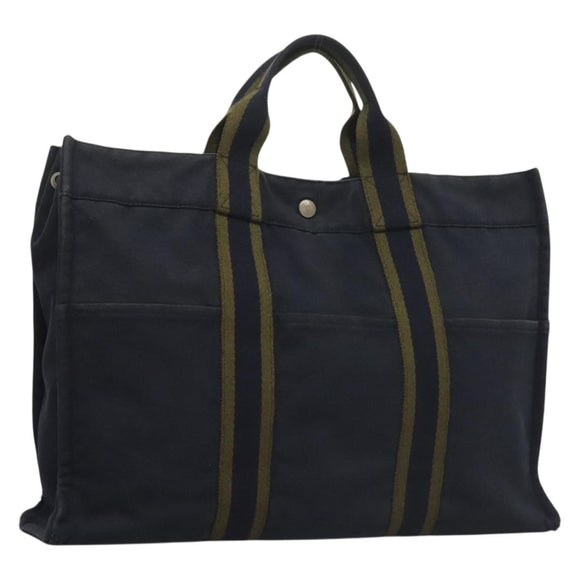 HERMES Fourre Tout GM Hand Bag Canvas Navy Silver Auth 134741