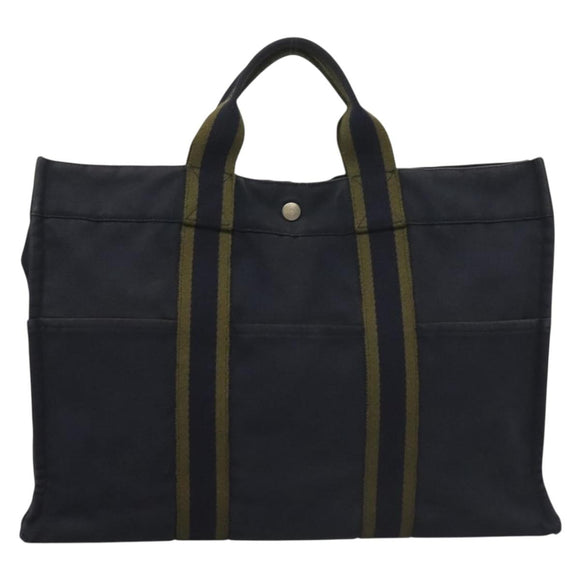 HERMES Fourre Tout GM Hand Bag Canvas Navy Silver Auth 134741
