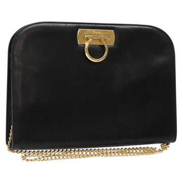 Salvatore Ferragamo Gancini Chain Shoulder Bag Leather Black Gold Auth 134769