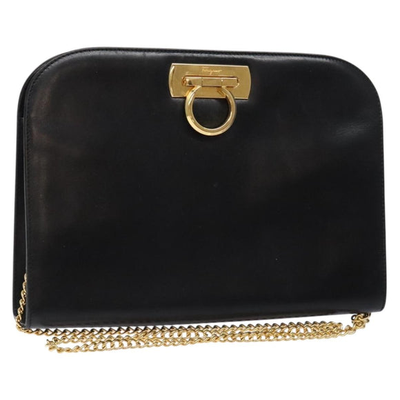 Salvatore Ferragamo Gancini Chain Shoulder Bag Leather Black Gold Auth 134769
