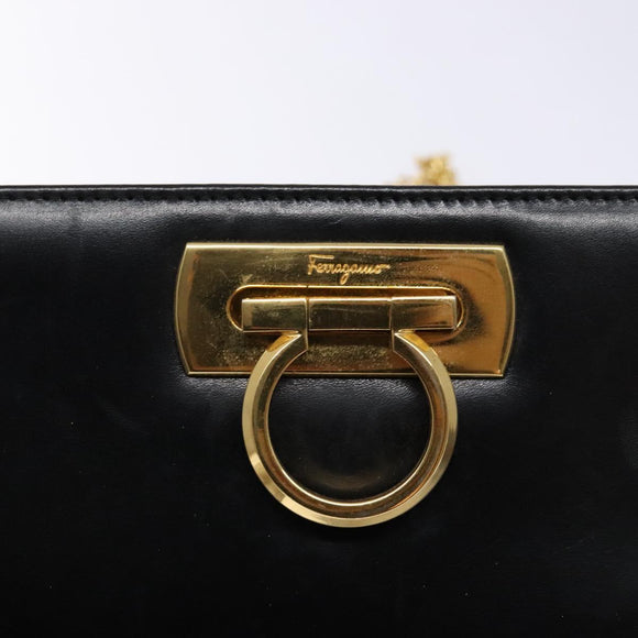 Salvatore Ferragamo Gancini Chain Shoulder Bag Leather Black Gold Auth 134769