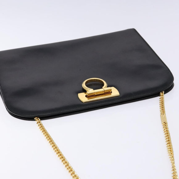 Salvatore Ferragamo Gancini Chain Shoulder Bag Leather Black Gold Auth 134769