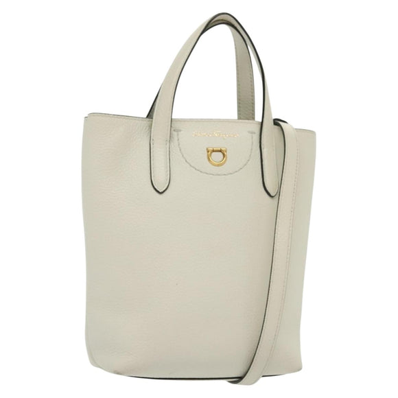 Salvatore Ferragamo Gancini Hand Bag Leather 2way White Gold Auth 134826