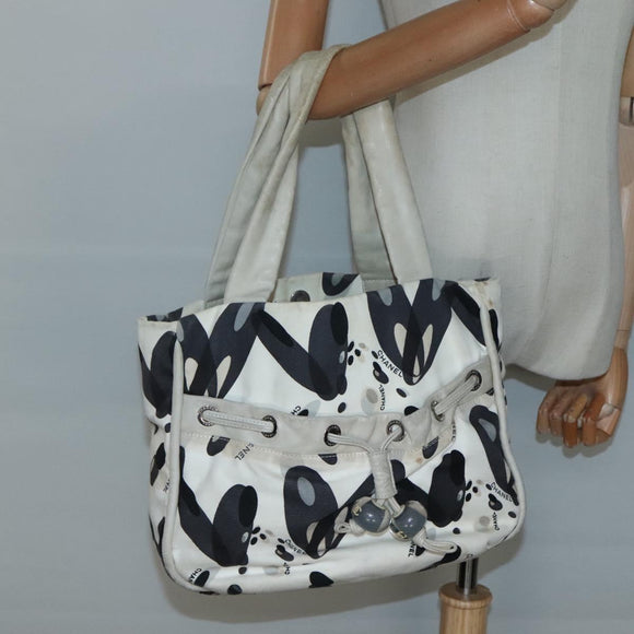 CHANEL Tote Bag Canvas White Silver CC Auth 134829