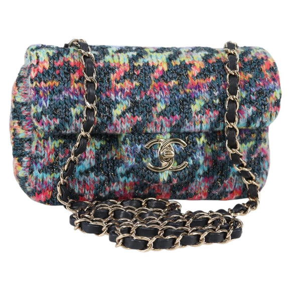 CHANEL Chain Shoulder Bag Tweed Blue Gold CC Auth 134856SM
