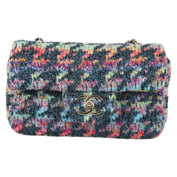 CHANEL Chain Shoulder Bag Tweed Blue Gold CC Auth 134856SM