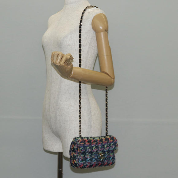 CHANEL Chain Shoulder Bag Tweed Blue Gold CC Auth 134856M