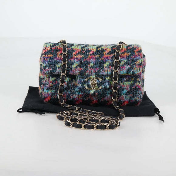 CHANEL Chain Shoulder Bag Tweed Blue Gold CC Auth 134856SM